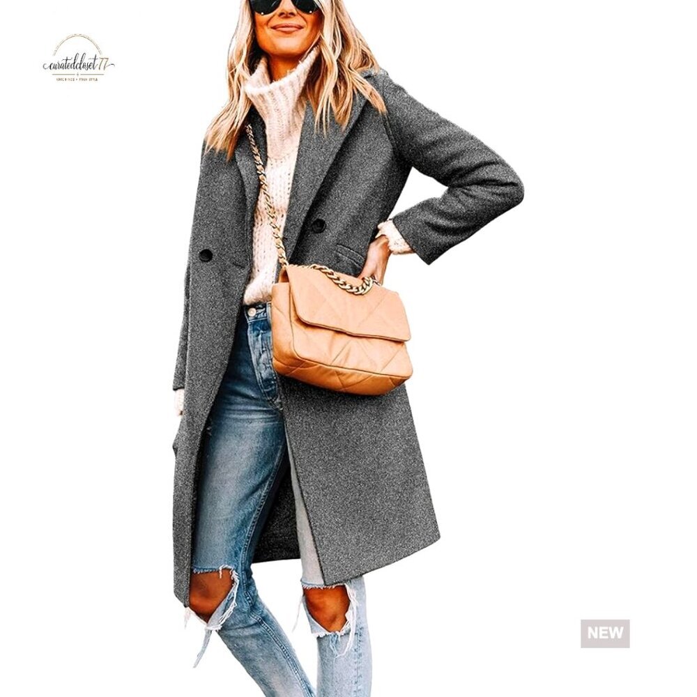 Wool Blend Peacoat Notch Lapel Knee Length Slim Fit Winter Coat